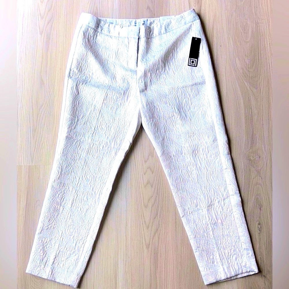 Liz Claiborne Emma Ankle Pant 10P White/Metallic Silver Petite Brocade Glam Crop